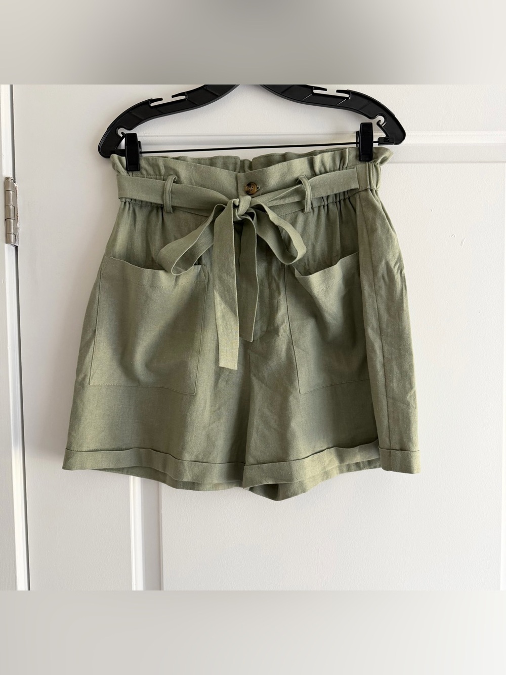Crosby Sage Green Linen Blend High Waist Paper Bag Shorts